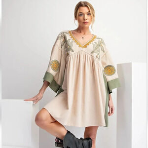 New Easel Embroidered Boho Floral Poly Linen Woven Dress